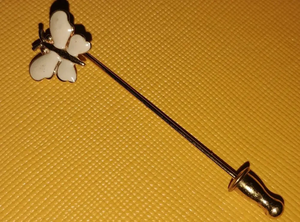 Vintage Monet White Enamel Butterfly Stick Pin Gold Tone 2.25